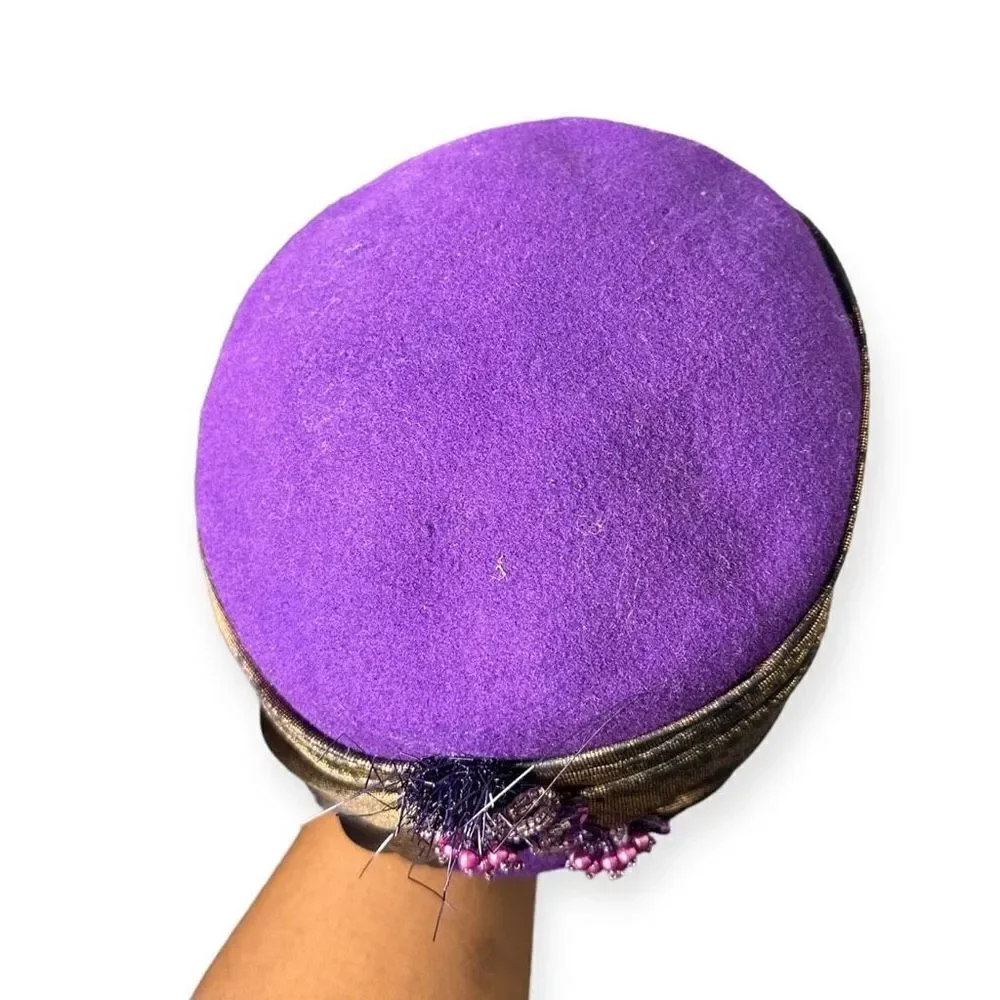 Vintage Purple Wool Pillbox Hat Rhinestones Satin Wrap 1960s Jackie O Aesthetic - Picture 5 of 10